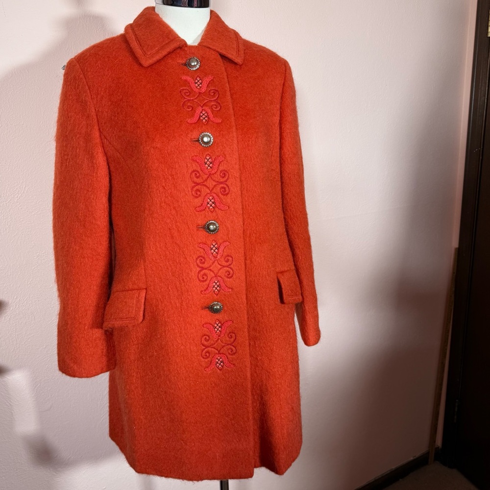 Vintage 1940 50 Austrian Loden Burnt orange wool Mohair Embroidered Long Coat
